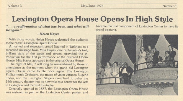 News article Lexington Opera House Opening